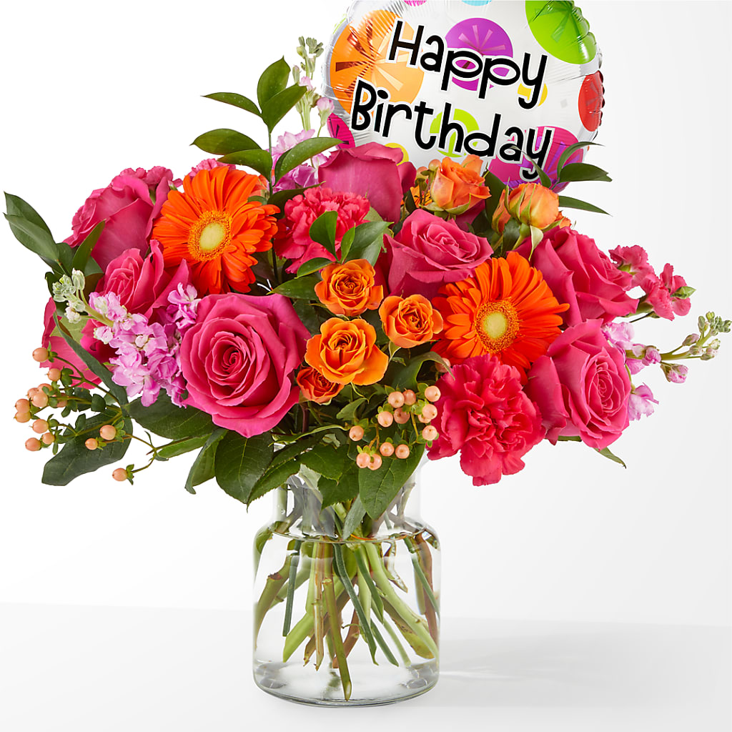 Fiesta Bouquet with Birthday Balloon – Militaryflorist.com, Tontitown AR