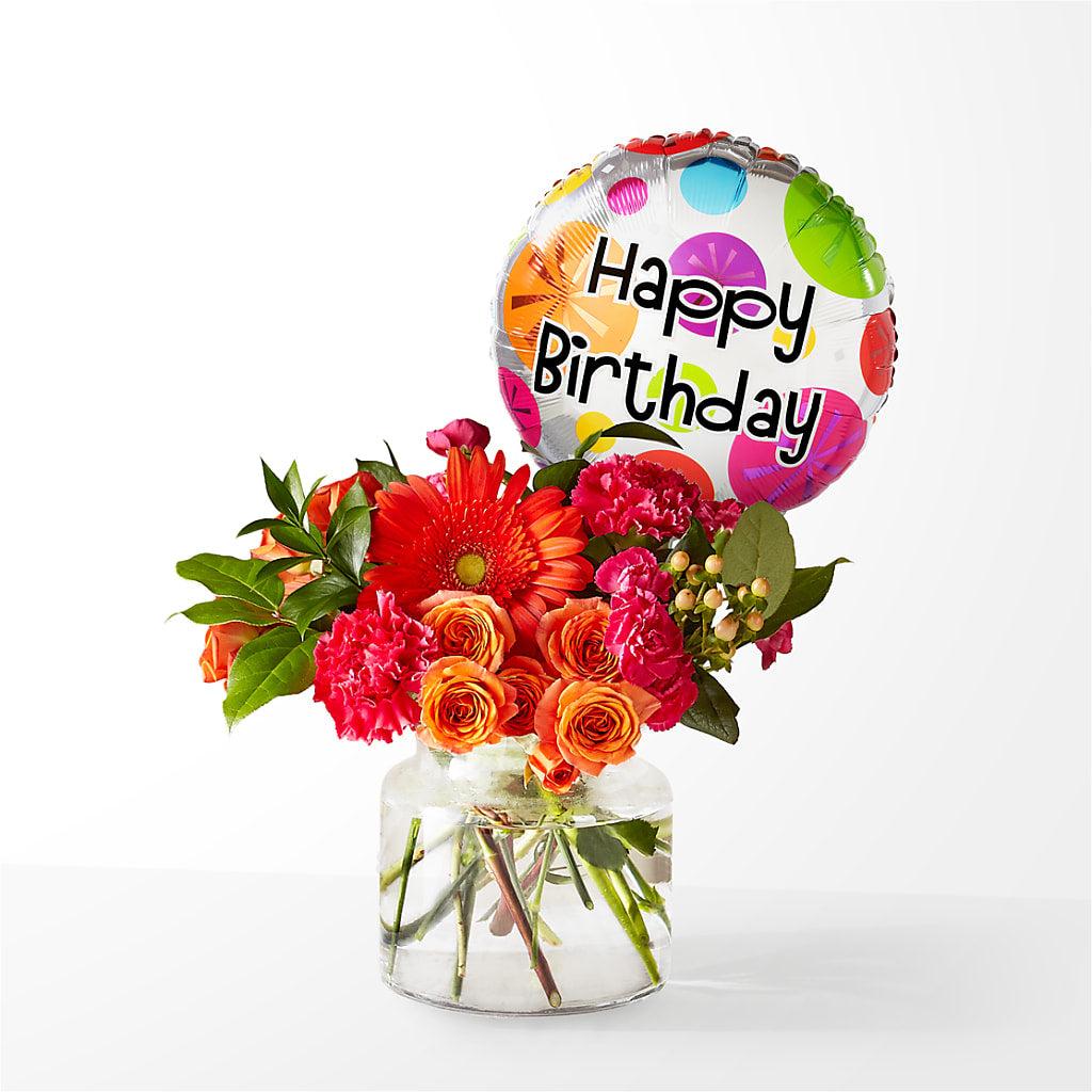 Fiesta Bouquet with Birthday Balloon – Militaryflorist.com, Tontitown AR