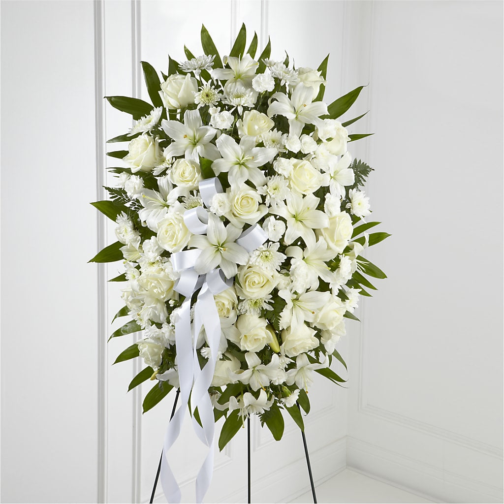 Exquisite Tribute Standing Spray-White Ribbon – Militaryflorist.com, Tontitown AR