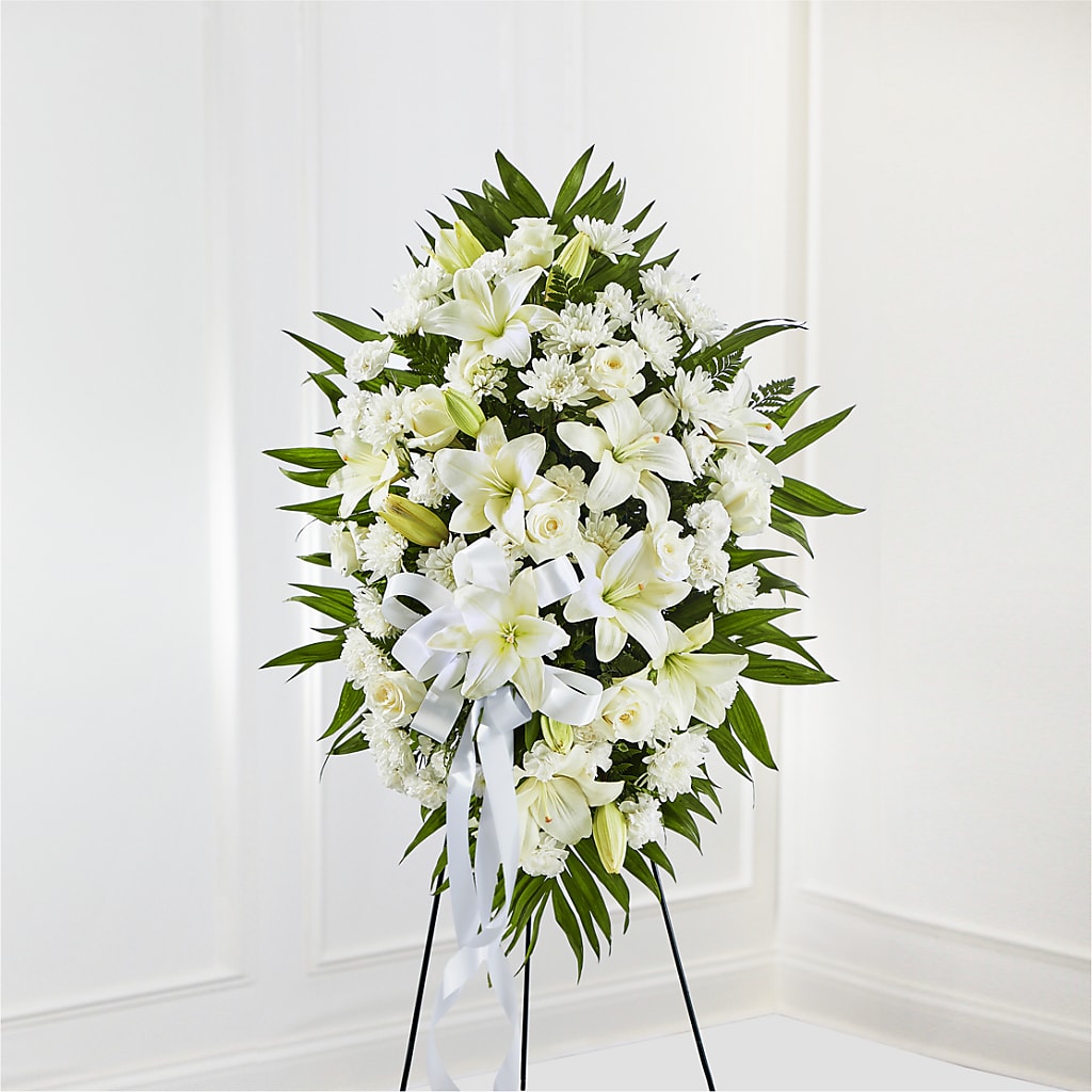 Exquisite Tribute Standing Spray-White Ribbon – Militaryflorist.com, Tontitown AR
